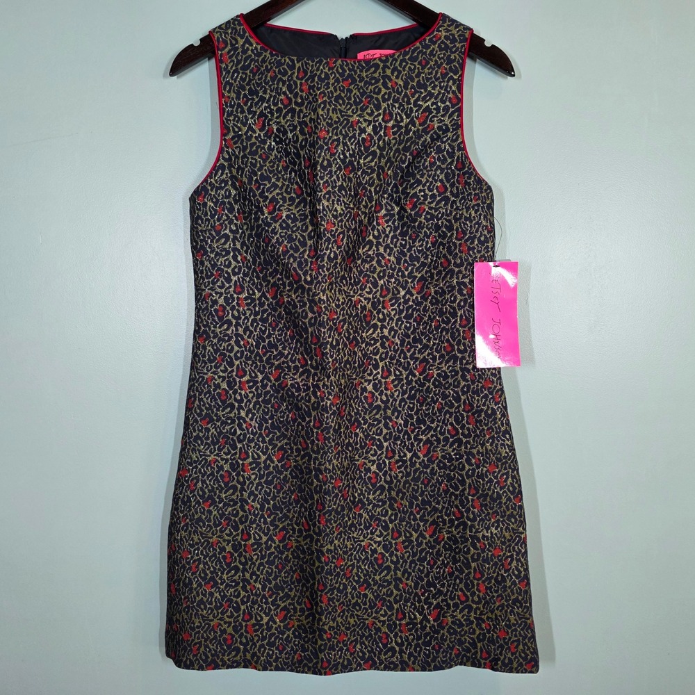 Betsey Johnson Women Metallic Leopard Brocade Shift Dress Gold Red Black 6 4N033
